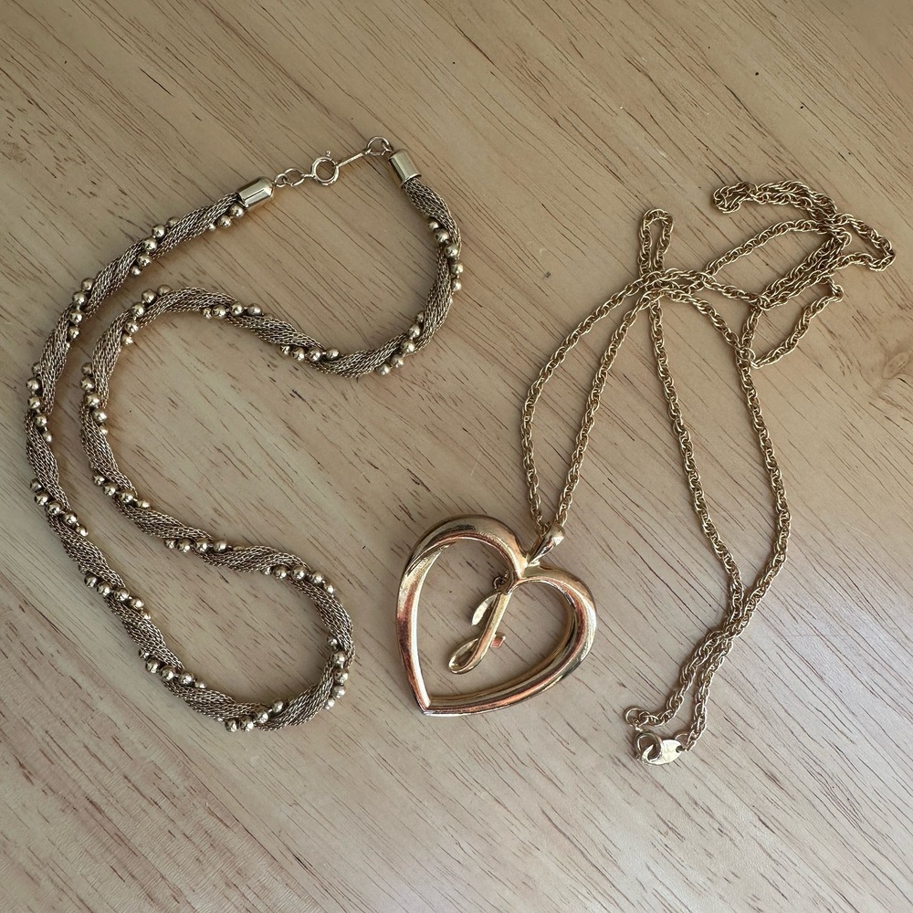 VTG Avon Necklaces 16-32 Inch‎ Twist Rope Braided Heart J Chain Gold 2 Item Lot
